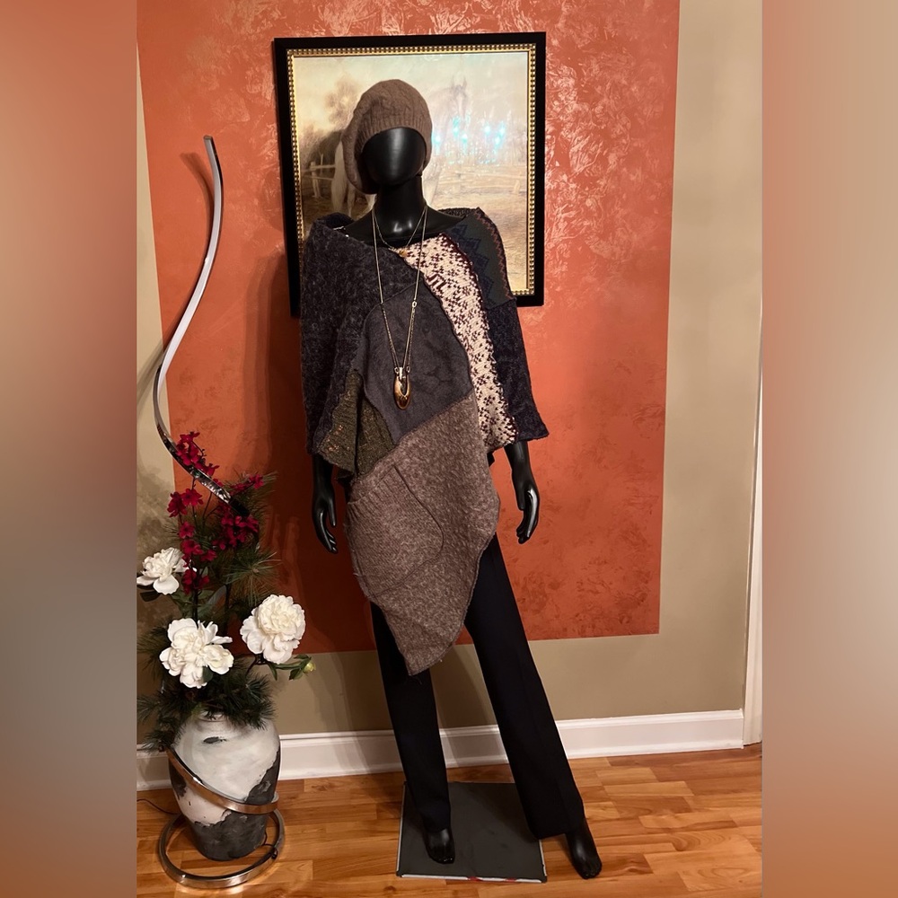 COPY - Patchwork Knit Poncho in Black and Brown